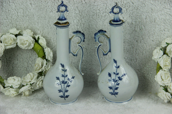 PAIR Delft blue white pottery oil vinegar pitcher vases mill sailing boat