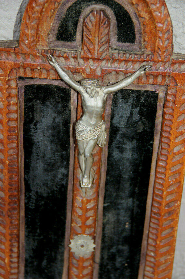Antique Religious french wood carved crucifix on velvet metal christ