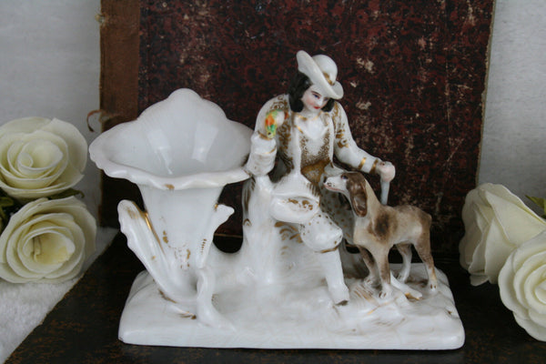 French antique old paris porcelain figurine / vase with hunting dog hunter 1930