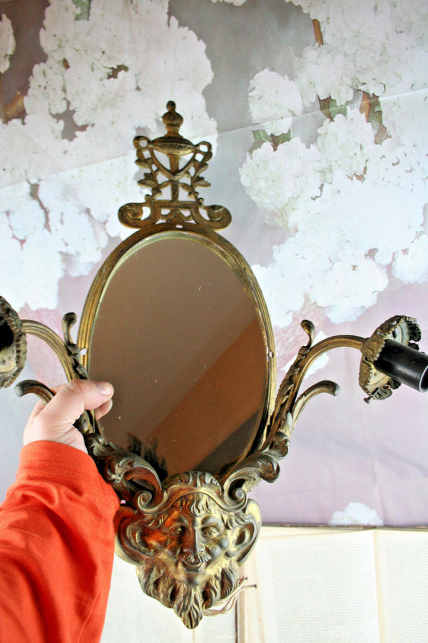 Antique XL French PAIR bronze Mirror sconces wall lights satyr faun heads 1900
