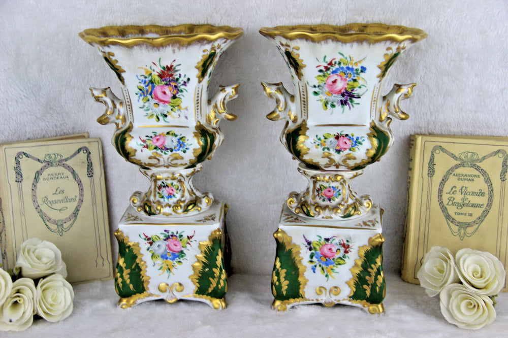 PAIR old gorgeous vieux paris porcelain Vases floral decor marked 1950's