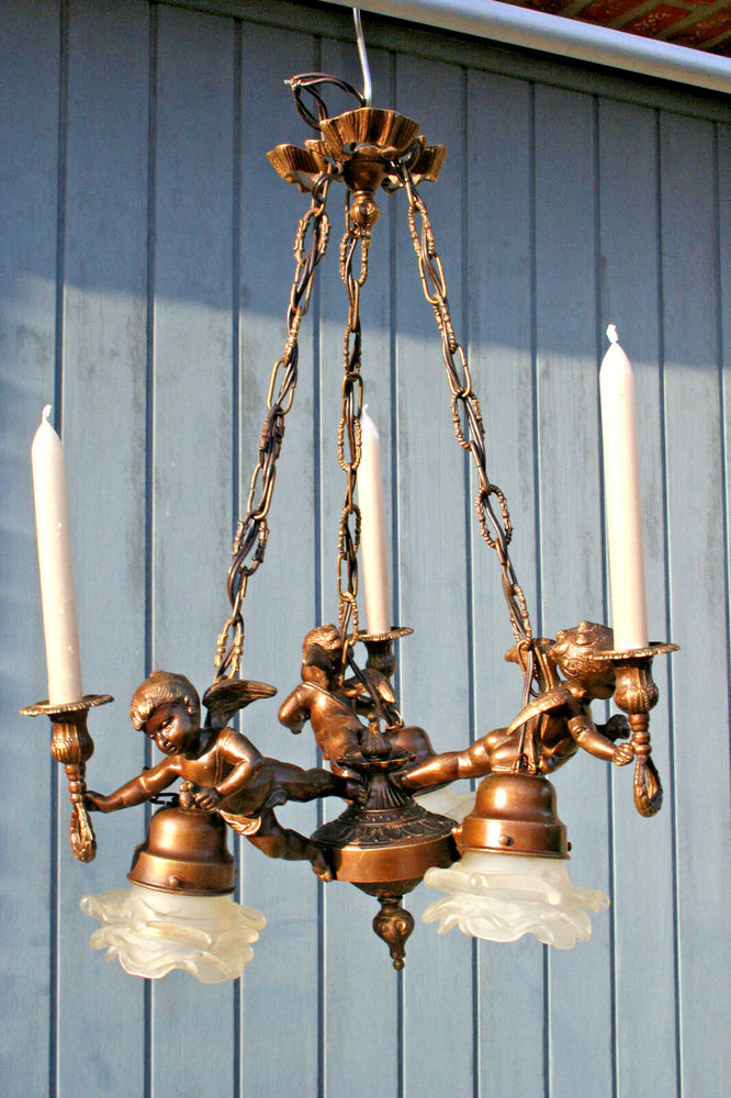 French 1950 spelter brass Angels putti cherubs chandelier candleholder 3 arms