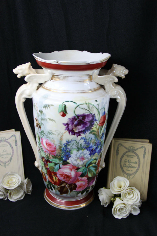 LARGE Antique French Porcelain Dragon gothic handles Vase floral decor