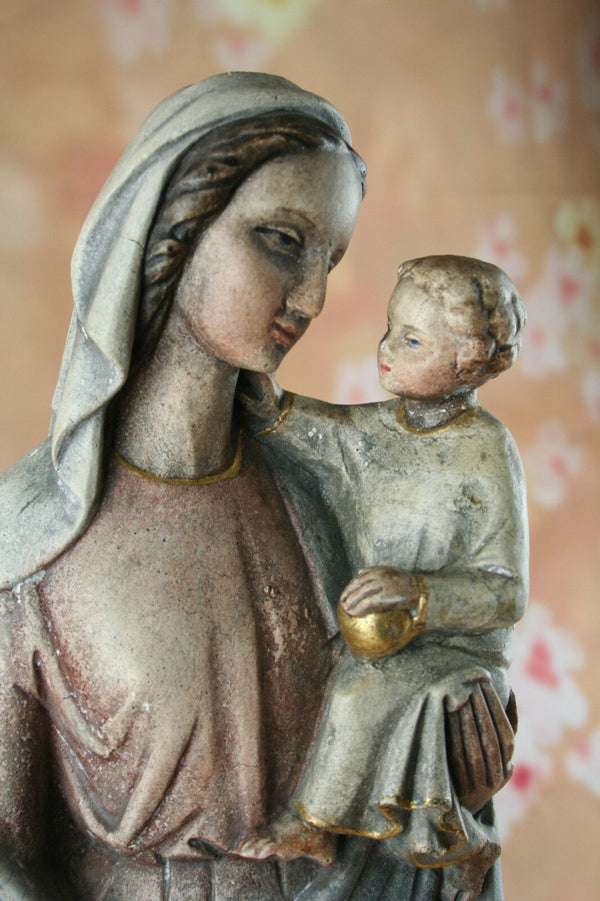 Antique French Holy Mary plaster statue pastel colors serenity 18.5