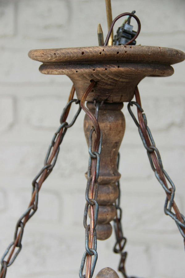 Antique French Gothic Castle 4 Dragon chimaera Chandelier wood carved 19thc