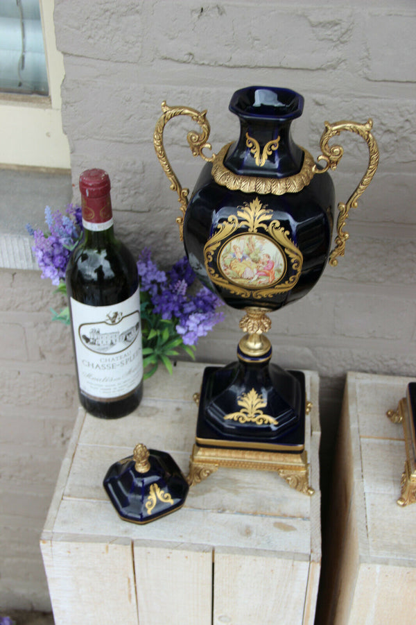 Pair French Limoges cobalt blue Victorian romantic scene Vases 1960 marked