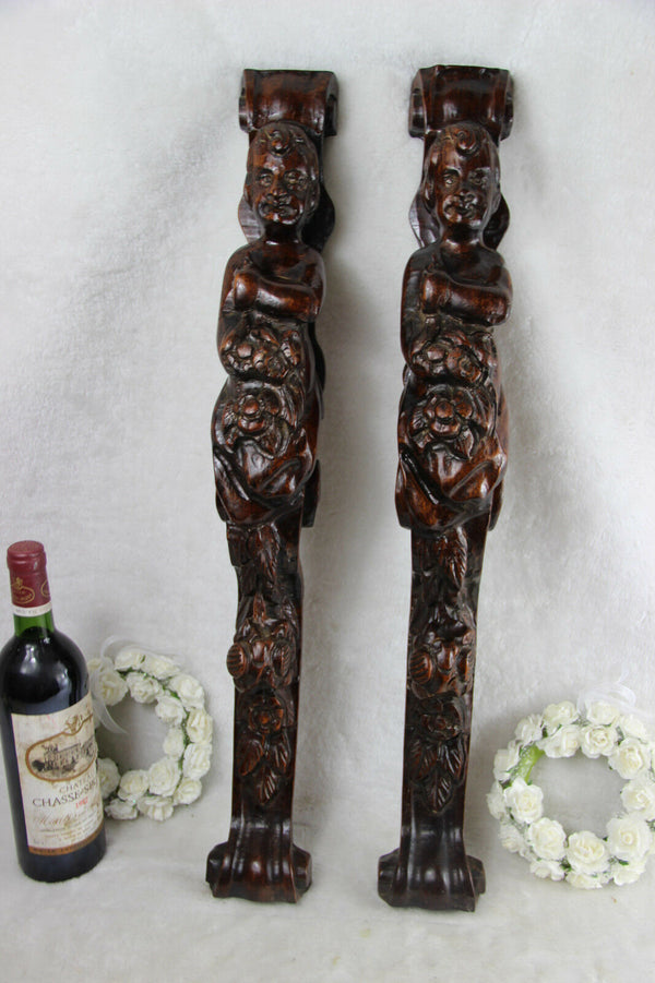 Antique PAIR French wood carved putti Angel panels cabinet parts baroque