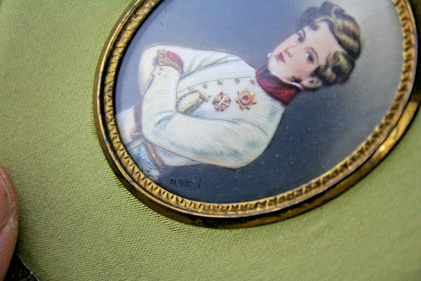 French 1900 Napoleon son duke officer military Miniature portrait painting signe