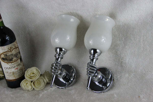 PAIR mid century 1970 Chrome Hand wall lights sconces opaline glass attr jansen