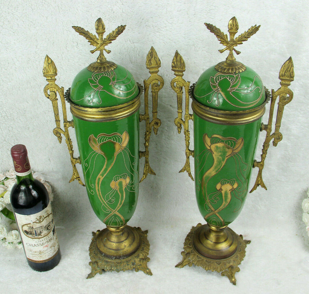 PAIR French antique Faience porcelain Green art nouveau cassolettes vases