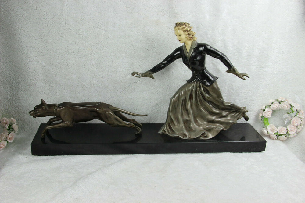 XXL French ART DECO 1930 spelter bronze lady dog on leash marble base