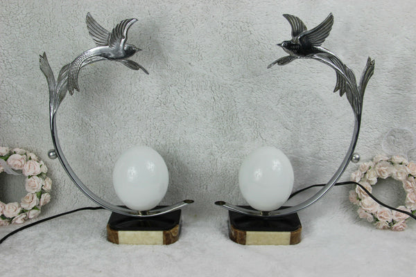 PAIR ART DECO 1930 French chrome marble onyx birds egg lamp bed desk