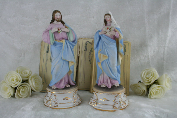 PAIR 19thc FRENCH VIEUX old paris porcelain Holy mary Jesus religious globe