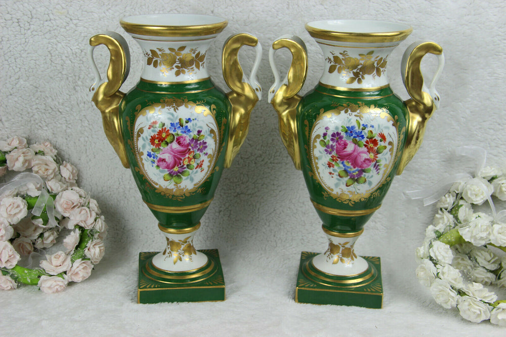 PAIR French Limoges PILLIVUYT marked porcelain Floral vases swan handles