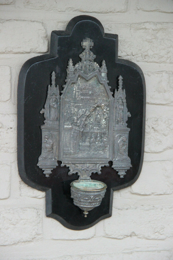 Large Antique neo gothic religious holy water font saints madonna on wood plaque