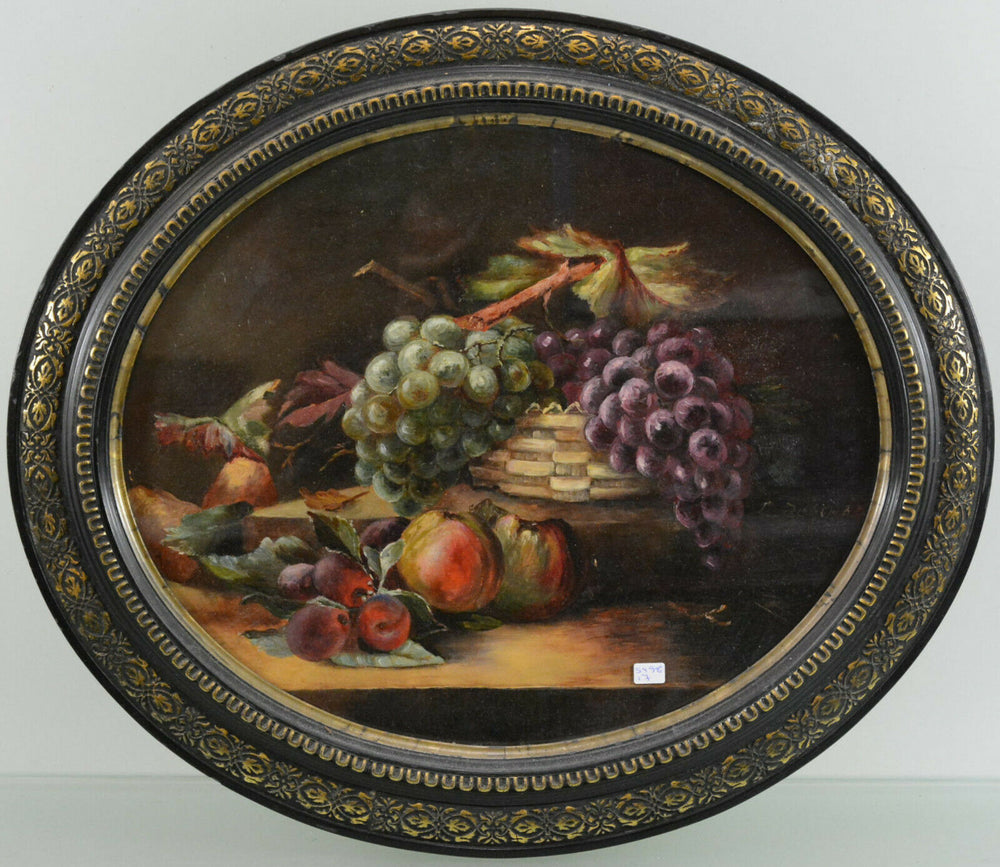French antique oil cardboard oval still life Flowers fruits painting