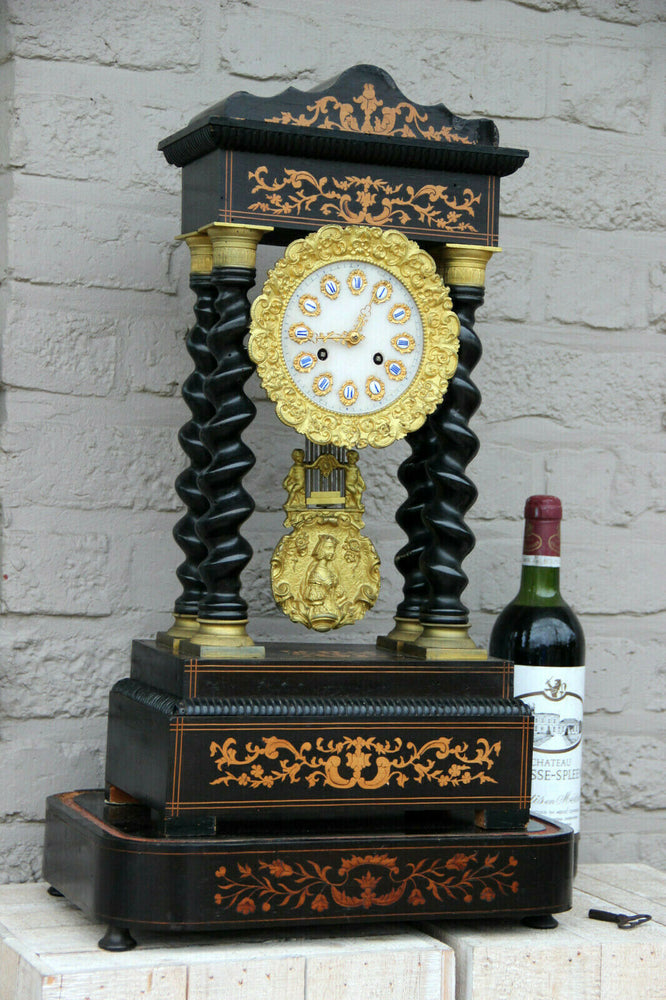 Huge antique wood carved inlaid barley twist column Clock putti angel
