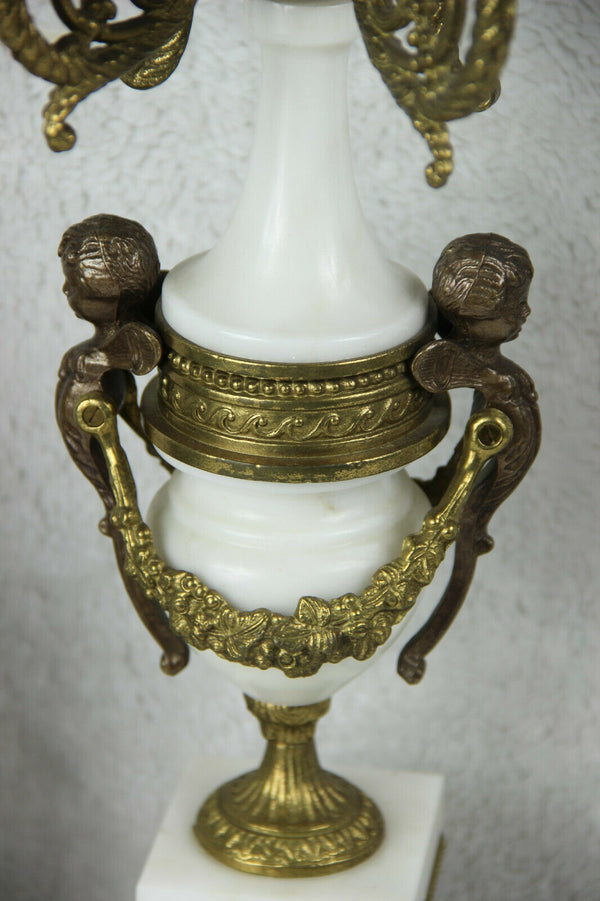 XL PAIR Bronze white marble putti angel Candelabras candlesticks candle holder