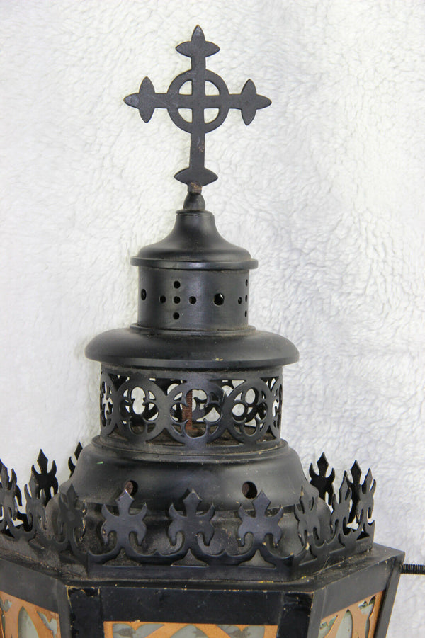 Religious gothic church Lantern light  metal black cross Glass Candle holder
