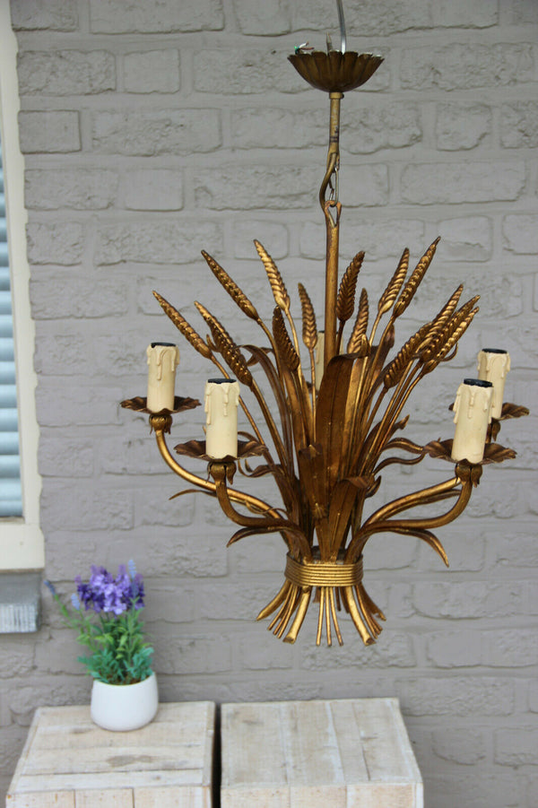 Hollywood regency MEtal gold gilt maison jansen wheat sheaf chandelier 1970