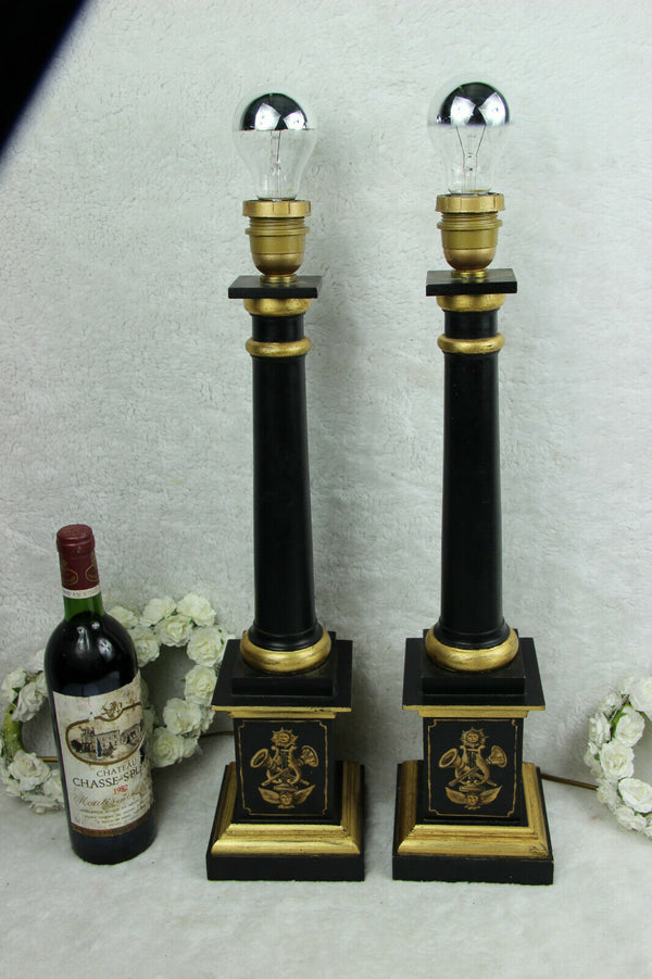 Pair vintage Wood carved empire style 1970 French table desk lamps