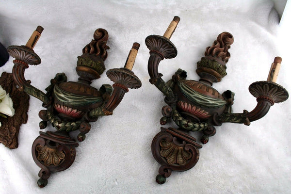 PAIR rare italian wood carved polychrome 1920 Sconces wall lights 2 arms