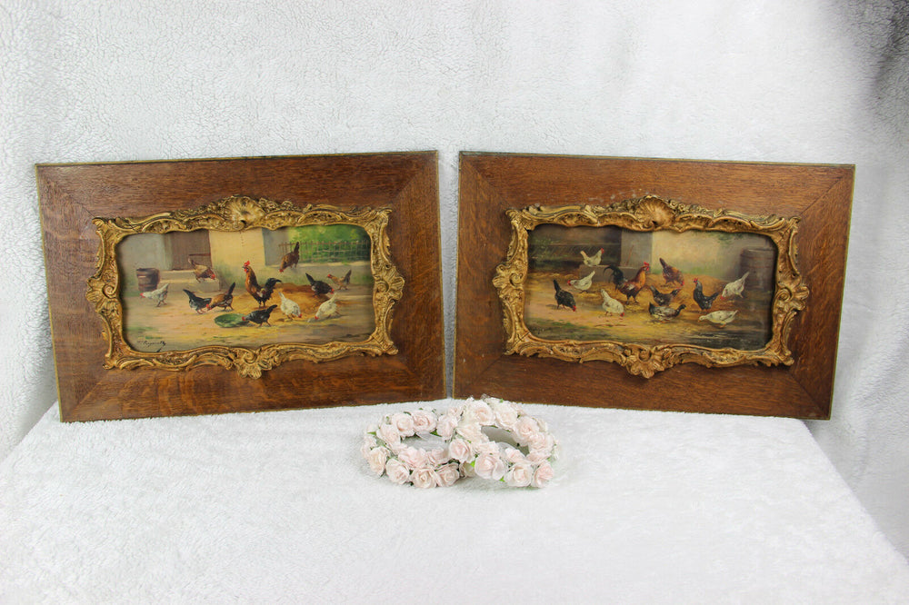 PAIR antique 19thc French oil panel painting chicken rooster farm louis XVI