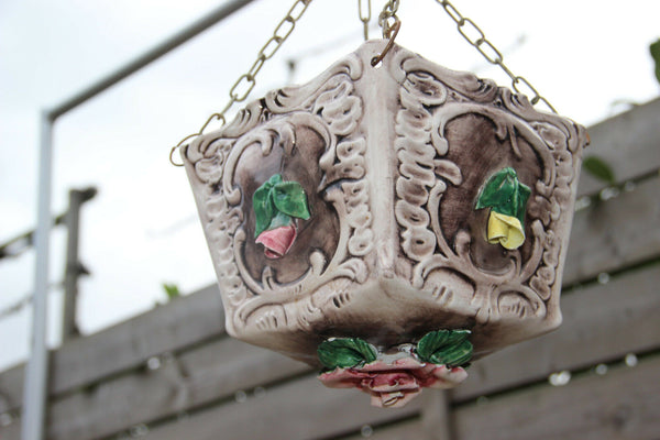 Rare Cute vintage faience Angel putti hang planter jardiniere 1960 Floral roses