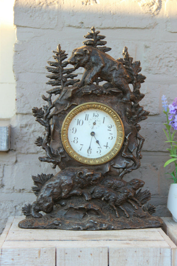 Antique Black forest Cast iron bear hunting sheep animal theme mantel clock