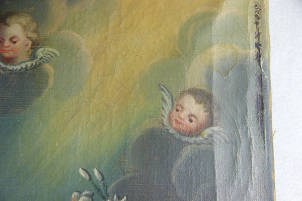 Antique Religious oil canvas painting jesus child joseph angels putti