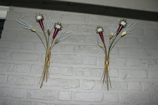 PAIR French mid century Wall lights sconces maison Lunel Red brass