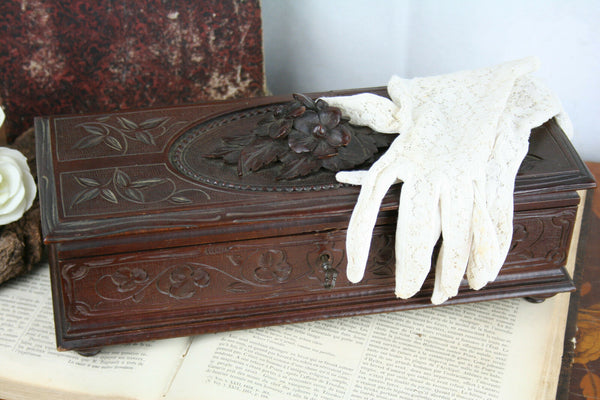 French Wood carved Box black forest With pair old gloves opera 1900