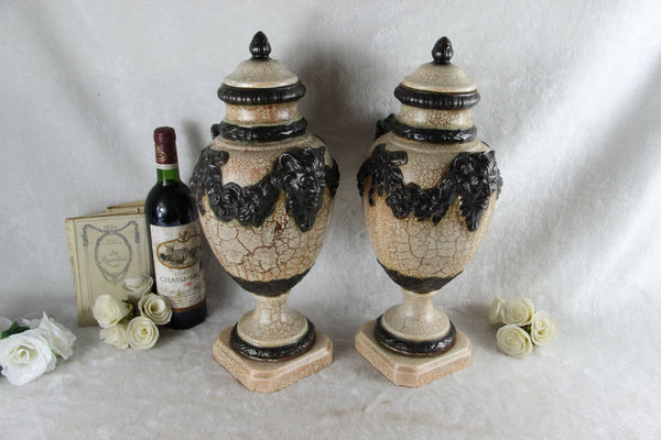 PAIR XL ceramic Faience craquele VASES satyr devil heads 1930 French