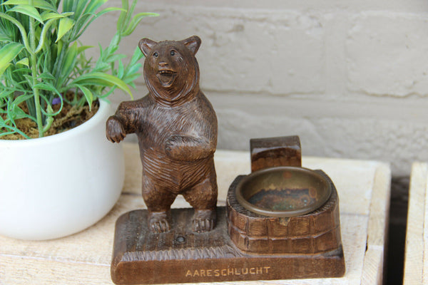 Antique black forest wood carved bear ashtray