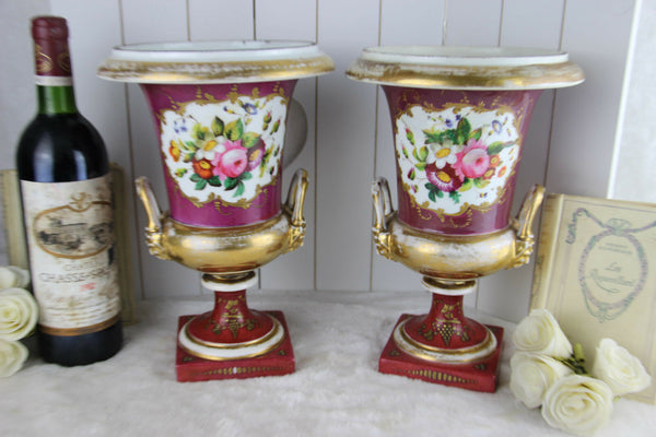 PAIR french empire medici Vases Urns floral decor lion satyr handles 1920