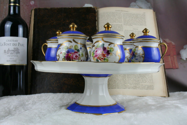 Antique French Serving tray 6 cream pots sevres floral porcelain 1900