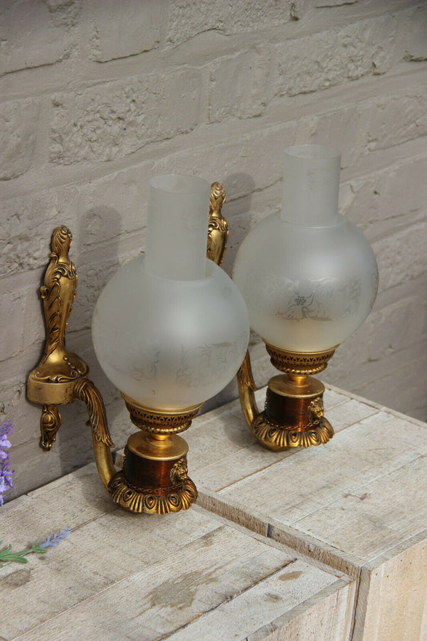 PAIR vintage 1960 French brass metal Lion head wall lights sconces glass globe