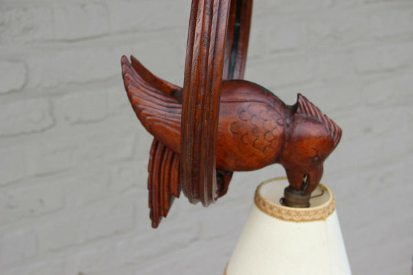 Vintage French Black forest wood carved bird pendant chandelier lamp