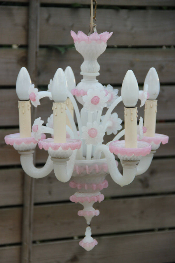 Italian 1970 Pink MURANO hand blown Venetian 5 arms chandelier floral