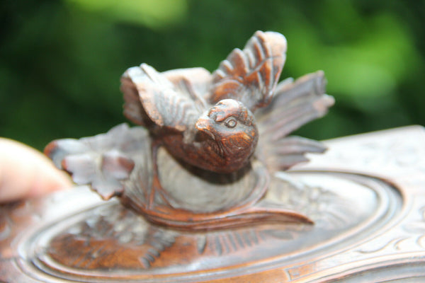 Antique Swiss black forest wood carved jewelry trinket box bird velvet