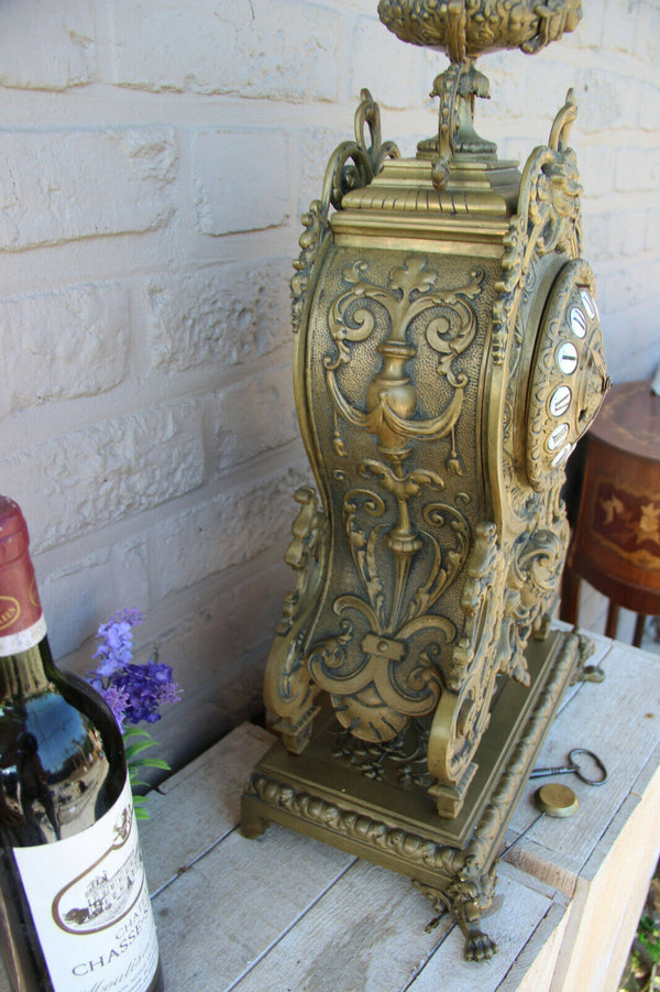 XL Antique French bronze gothic castle dragon devil lion paws putti head clock