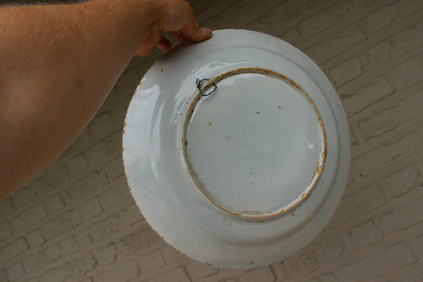 LARGE Antique Dutch Delft 19thc polychrome pottery wall Plate Chinoiserie decor