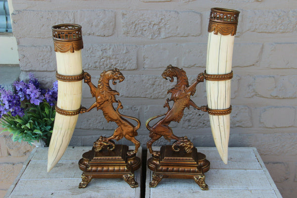 PAIR antique French bronze castle Lion cornucopia horn Gothic statue