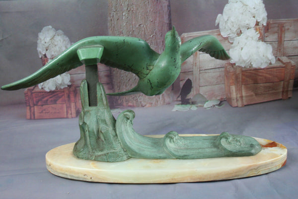 ART Deco 1930's French Metal green patinated Bird on onyx base sculpture