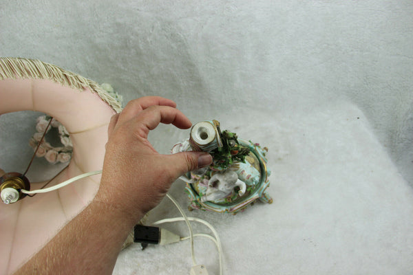 Antique porcelain table lamp figurines putti angel nude lady relief flowers