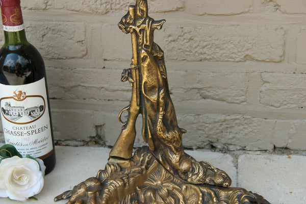 French vintage 1950 Bronze umbrella stand holder hunt trophy rabbit dog horn