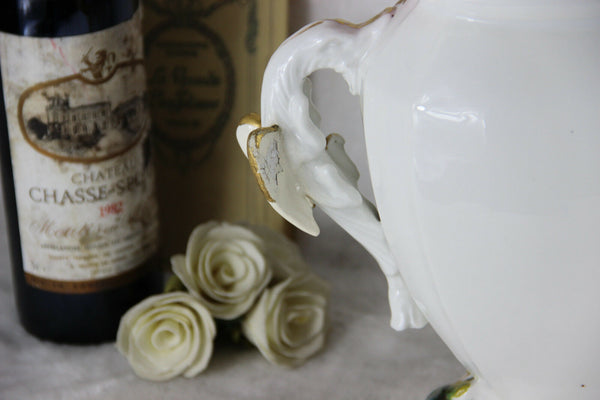 Pair large French antique 1900 Vieux paris porcelain Cornet Vases floral swans