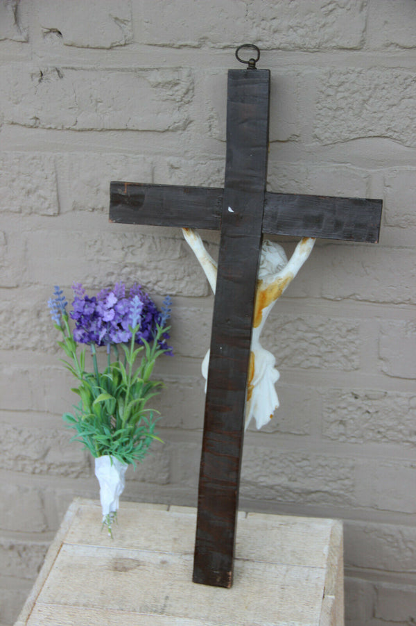 Antique french wood bisque porcelain christ crucifix religious