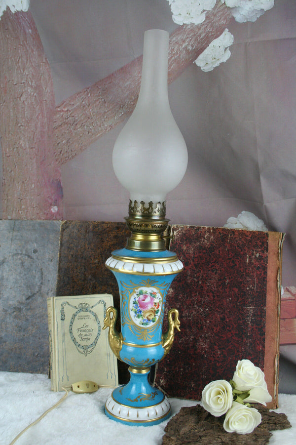 Antique french vieux paris porcelain Swan empire floral lamp marked