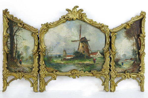 Unusual Tryptich Oil panel painting Dutch School signed louis XVI frame 1920